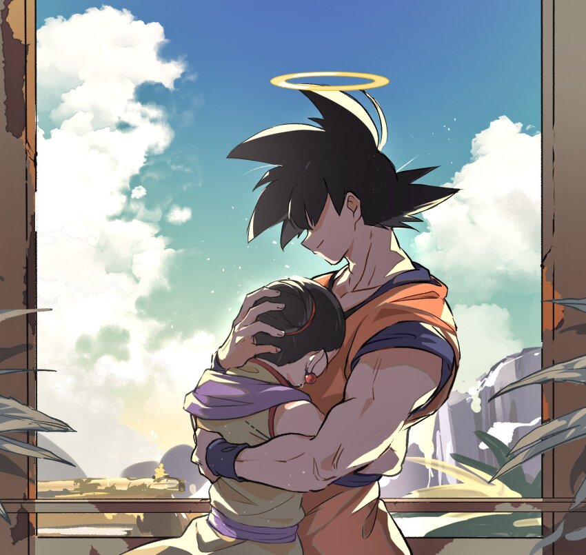 black_hair chi-chi_(dragon_ball) cloud cloudy_sky couple crying dragon_ball dragonball_z halo highres hug hugging_each_other husband_and_wife muscular muscular_male reunited roku_(roku_0141) sky son_goku tagme
