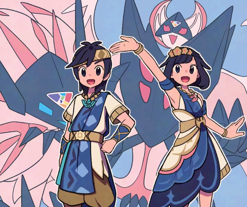1boy 1girl :d arm_up armpits belt black_eyes black_hair blue_background bracelet dress elio_(champion)_(pokemon) elio_(pokemon) eyelashes gen_7_pokemon hand_on_own_hip happy hashtag-only_commentary headband highres jewelry legendary_pokemon medium_hair necrozma necrozma_(dawn_wings) necrozma_(dusk_mane) nintendo official_alternate_costume open_mouth outline pokemon pokemon_(creature) pokemon_masters_ex selene_(champion)_(pokemon) selene_(pokemon) smile tongue tyako_089