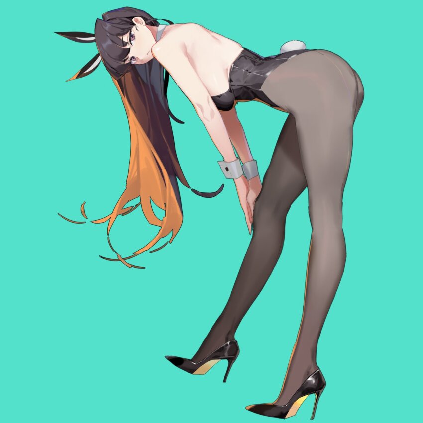 1girl animal_ears aqua_background bent_over black_footwear black_leotard breasts choppy_bangs collar commentary_request detached_collar fake_animal_ears fake_tail grey_pantyhose hand_on_own_knee high_heels highres komi-san_wa_komyushou_desu komi_shouko leotard long_hair looking_at_viewer medium_breasts miyazakisoul pantyhose playboy_bunny purple_eyes purple_hair rabbit_ears rabbit_tail sideboob standing stiletto_heels tail very_long_hair white_collar white_wrist_cuffs wrist_cuffs
