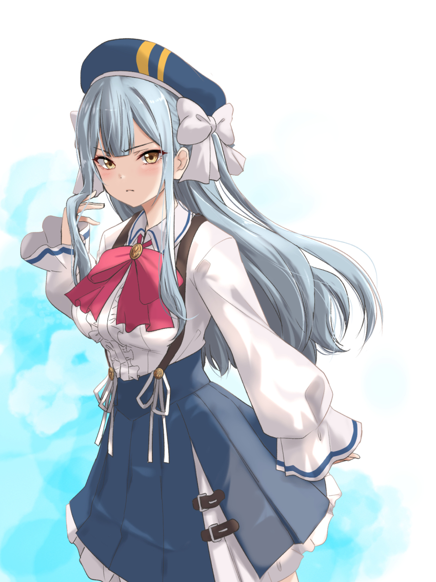 1girl arm_at_side assault_lily bang_dream! bang_dream!_it&#039;s_mygo!!!!! belt belt_buckle beret blue_background blue_hat blue_skirt blunt_bangs blush bow bowtie breasts brown_belt buckle center_frills closed_mouth collared_shirt commentary_request cosplay cowboy_shot esaka_shizuku esaka_shizuku_(cosplay) frilled_shirt frilled_skirt frilled_sleeves frills gradient_background grey_hair hair_bow hair_lift hand_up hat herensuge_girls_academy_school_uniform high-waist_skirt highres long_hair long_sleeves looking_at_viewer medium_breasts miniskirt pleated_skirt puffy_long_sleeves puffy_sleeves red_bow red_bowtie ribbon school_uniform shirt sidelocks skirt sleeves_past_wrists solo standing suspender_skirt suspenders takao_kanon togawa_sakiko urutsu_sahari v-shaped_eyebrows very_long_hair voice_actor_connection wavy_hair white_background white_bow white_ribbon white_shirt yellow_eyes