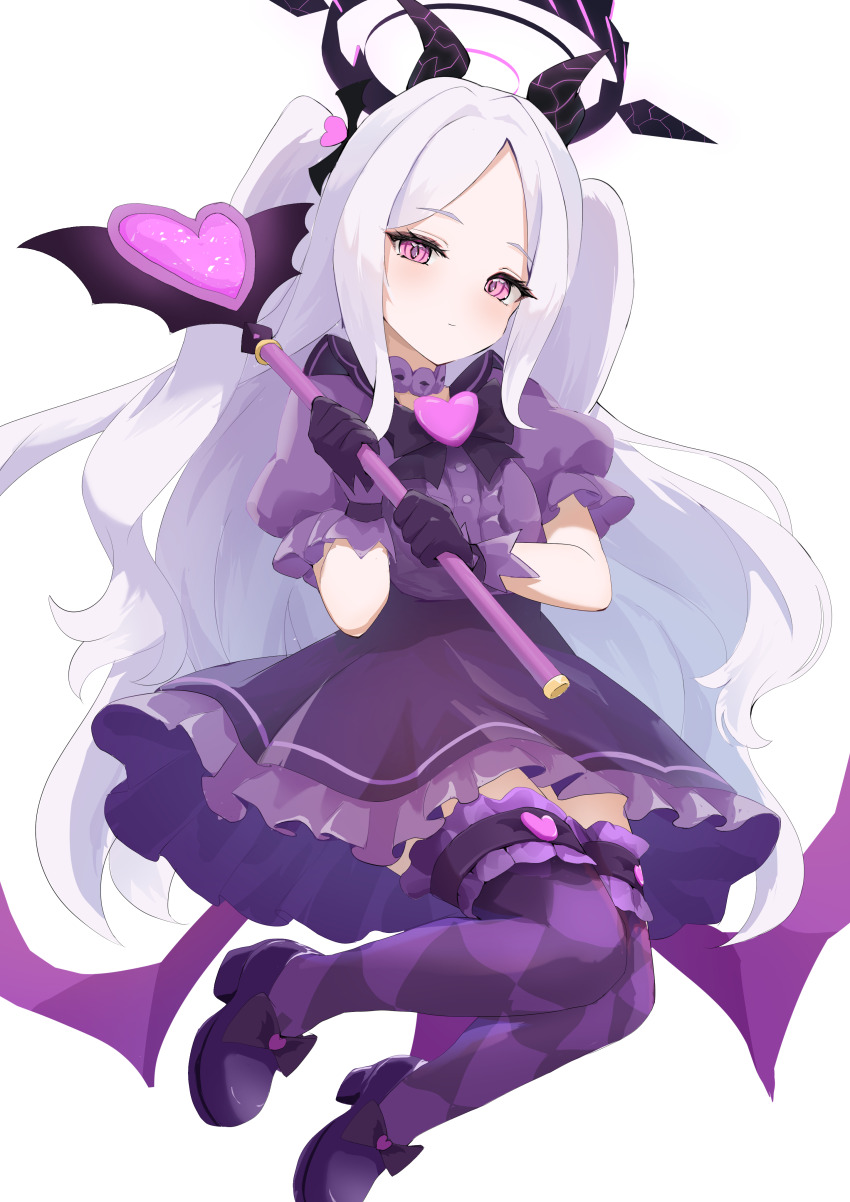 1girl absurdres black_bow black_halo blue_archive blush bow choker closed_mouth commentary demon_girl demon_horns demon_wings double-parted_bangs gloves halo highres hina_(blue_archive) holding holding_staff horns long_hair looking_at_viewer magical_girl purple_choker purple_eyes purple_gloves purple_shirt purple_shoes purple_skirt purple_thighhighs shirt shoes short_sleeves sidelocks simple_background skirt solo staff teritama_(teritama_house) thighhighs two_side_up white_background wings zettai_ryouiki