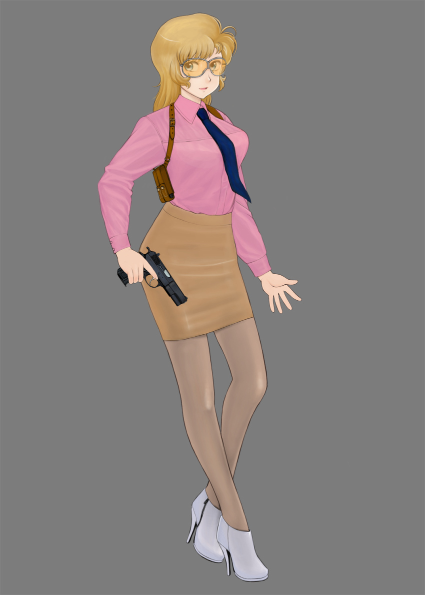 1girl ankle_boots blue_eyes boots brown_hair female_focus full_body grey-framed_eyewear gun handgun high_heel_boots high_heels highres holster komii long_hair magazine_(weapon) necktie orange-tinted_eyewear orange-tinted_glasses pantyhose pencil_skirt pink_shirt pistol rally_vincent_(riding_bean) riding_bean safety_glasses shirt shoulder_holster simple_background skirt solo sunglasses_on_head tinted_eyewear trigger_discipline weapon yellow-tinted_eyewear