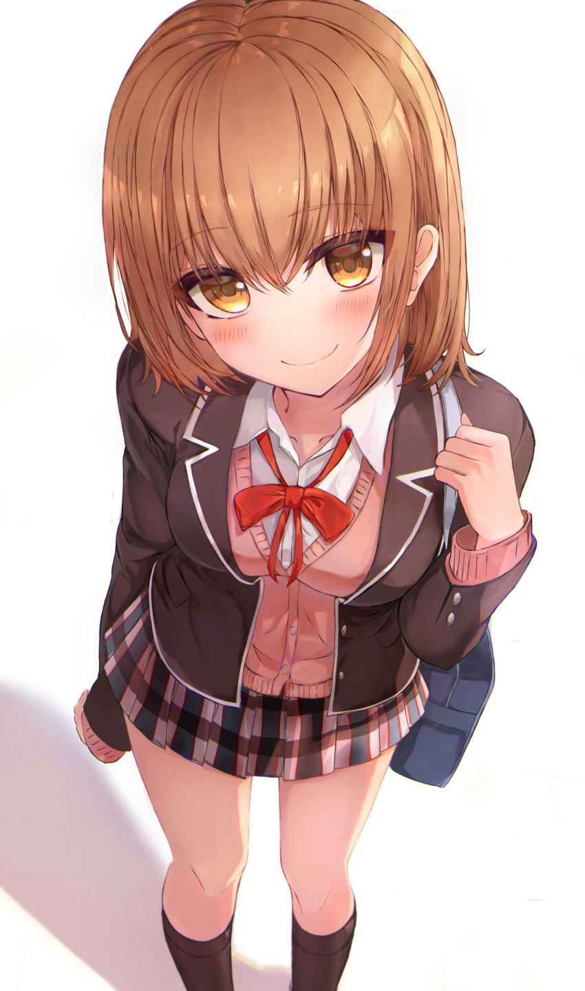 1girl absurdres bag black_jacket black_socks blazer blush brown_eyes brown_hair cardigan cardigan_under_jacket closed_mouth collared_shirt commentary feet_out_of_frame fleur_(fleur26192188) from_above highres holding holding_bag isshiki_iroha jacket long_sleeves looking_at_viewer medium_hair miniskirt neck_ribbon open_clothes open_jacket pink_cardigan plaid_clothes plaid_skirt pleated_skirt red_ribbon ribbon school_bag school_uniform shirt simple_background skirt sobu_high_school_uniform socks solo standing white_background white_shirt winter_uniform yahari_ore_no_seishun_lovecome_wa_machigatteiru.