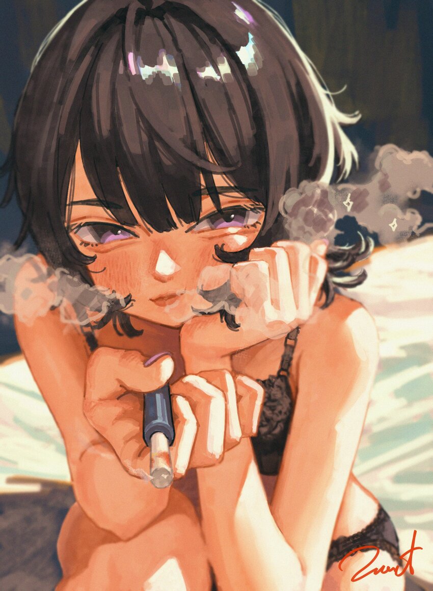 1girl absurdres bags_under_eyes black_bra black_hair black_panties blush bra cigarette cigarette_holder head_rest highres holding holding_cigarette lips lipstick lipstick_mark looking_at_viewer makeup on_bed original panties purple_eyes purple_nails signature sitting smoke smoking solo tsurime underwear yoshizawa_takuma