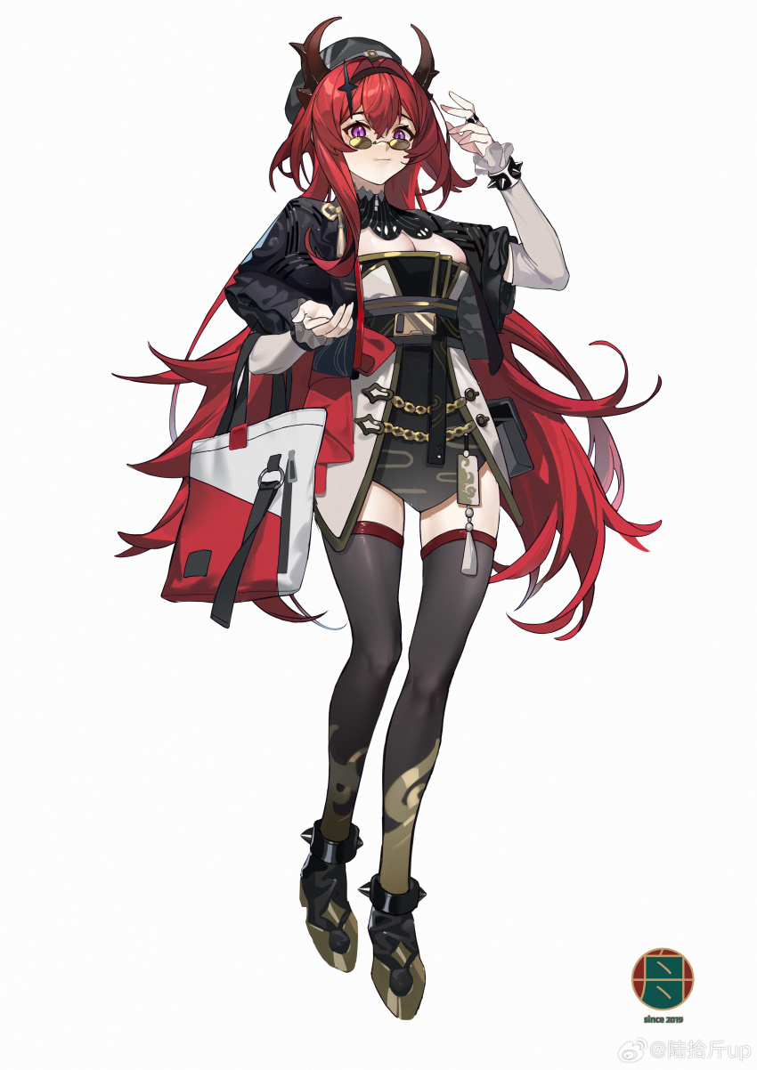1girl absurdres alternate_costume arknights bag black_dress black_jacket black_thighhighs breasts cleavage cropped_jacket demon_horns dress elbow_carry full_body highres holding holding_bag horns jacket long_hair looking_at_viewer looking_over_eyewear lushi_jin_up open_clothes open_jacket red_hair small_breasts solo standing sunglasses surtr_(arknights) tachi-e thighhighs tinted_eyewear very_long_hair watermark weibo_watermark yellow-tinted_eyewear