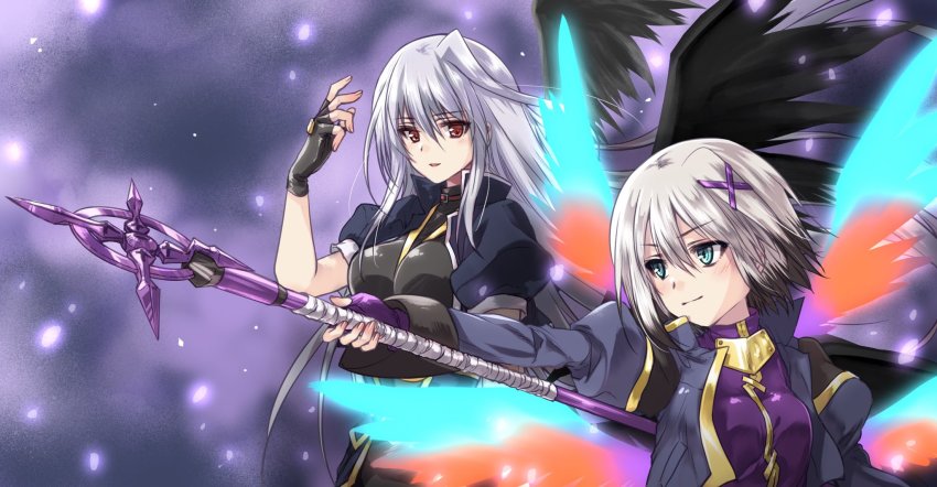 2girls aqua_eyes black_gloves black_hair black_jacket black_shirt black_wings closed_mouth commentary_request cropped_jacket feathered_wings fingerless_gloves gloves grey_hair hair_ornament highres holding holding_staff jacket juliet_sleeves kuroi_mimei long_sleeves looking_at_another lyrical_nanoha magical_girl mahou_shoujo_lyrical_nanoha mahou_shoujo_lyrical_nanoha_a&#039;s mahou_shoujo_lyrical_nanoha_a&#039;s_portable:_the_battle_of_aces lord_dearche multicolored_hair multicolored_wings multiple_girls parted_lips puffy_short_sleeves puffy_sleeves purple_gloves purple_shirt red_eyes reinforce shirt short_hair short_sleeves smile staff two-tone_hair waist_cape wings x_hair_ornament yersiniakreuz