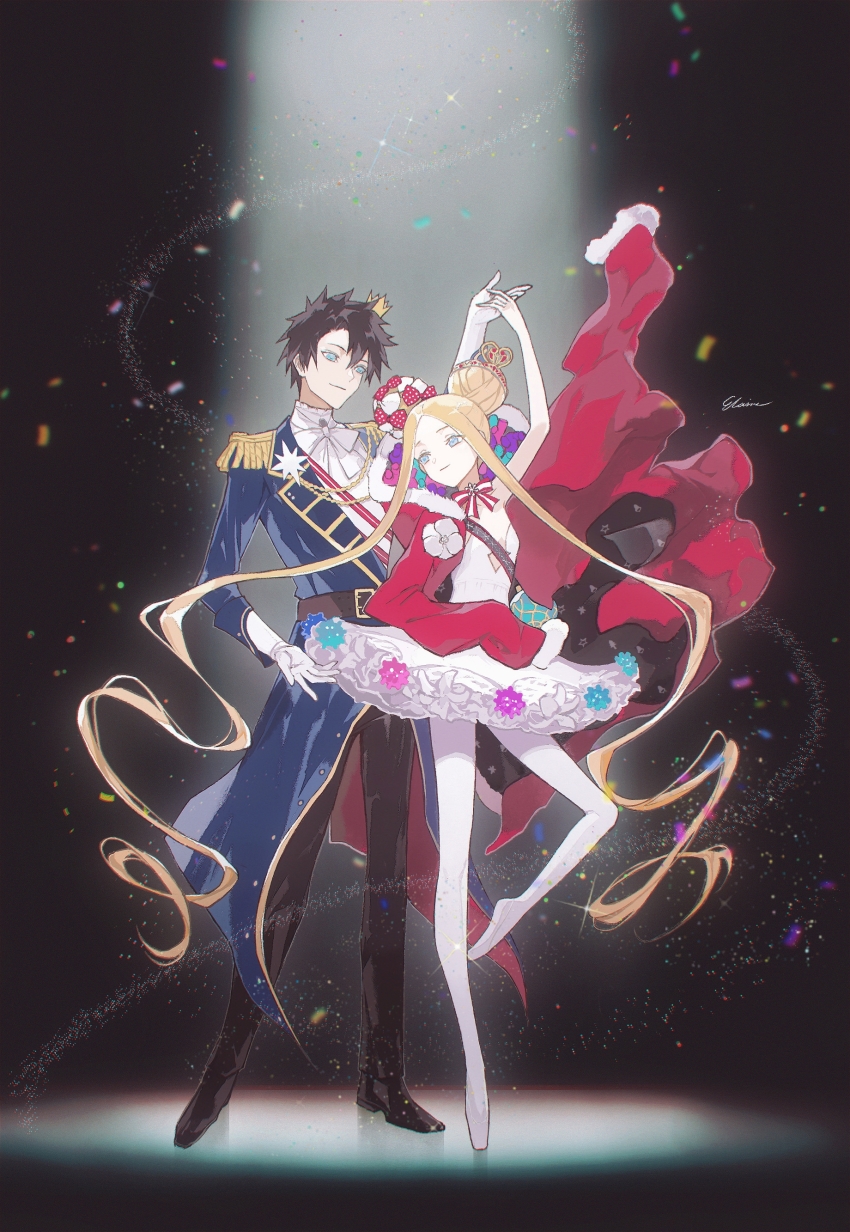 1boy 1girl abigail_williams_(fate) abigail_williams_(santa)_(fate) absurdres aiguillette ballerina bare_shoulders belt black_belt black_hair blonde_hair blue_eyes bow cloak crown dancing double_bun dress elaine-didaea epaulettes fate/grand_order fate_(series) fujimaru_ritsuka_(male) fujimaru_ritsuka_(male)_(halloween_royalty) fur-trimmed_cloak fur_trim gloves gold_tiara hair_bow hair_bun hair_ornament highres long_hair long_sleeves mini_crown official_alternate_costume pantyhose parted_bangs red_cloak shirt short_hair smile tiara very_long_hair white_bow white_dress white_gloves white_pantyhose