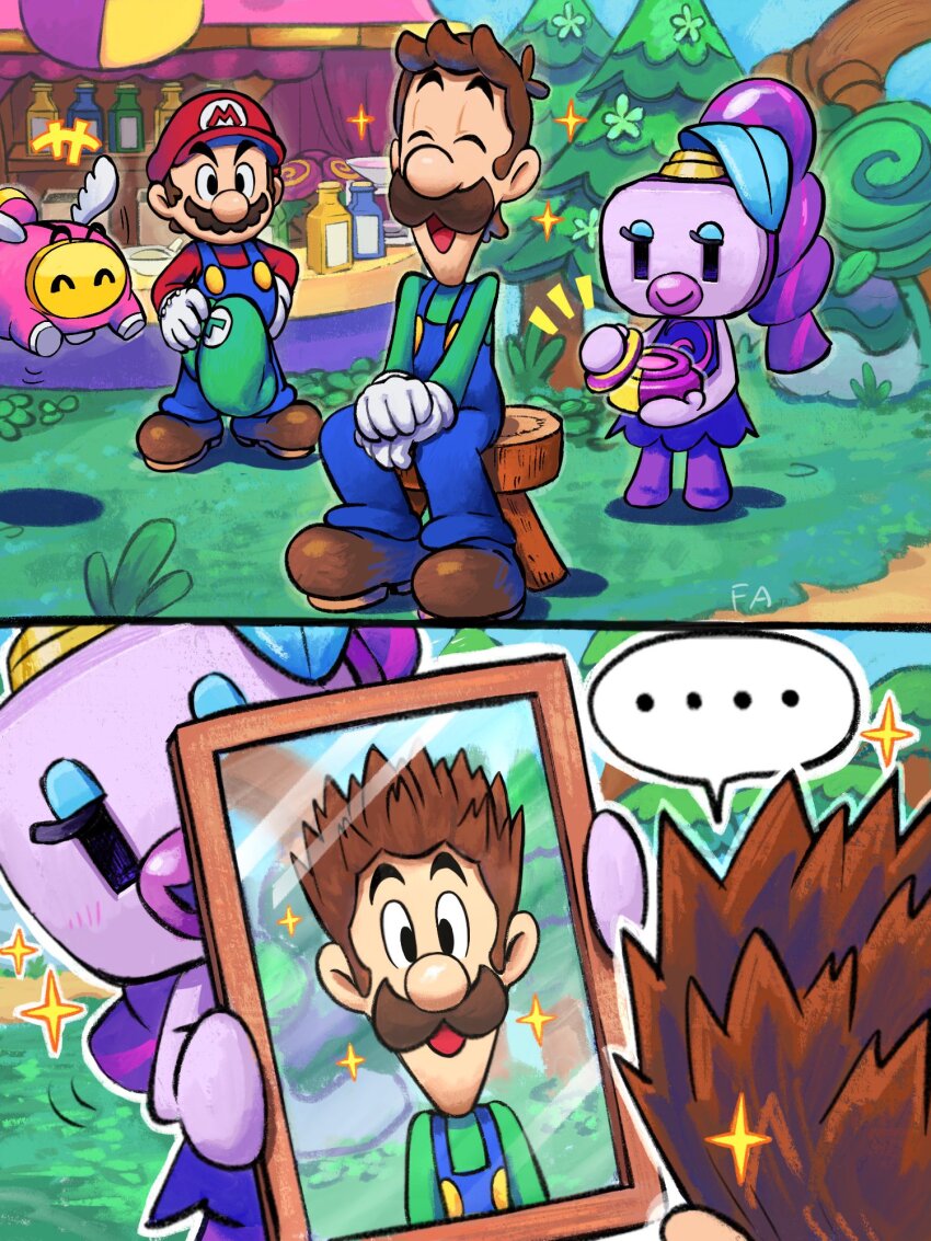 ... 1girl 2boys beak blue_overalls boots bottle brown_boots brown_hair closed_eyes colored_skin commentary dress facial_hair gloves grass green_hat green_shirt hat highres holding holding_mirror holding_unworn_clothes holding_unworn_hat looking_at_mirror luigi mario mario_&amp;_luigi:_brothership mario_&amp;_luigi_rpg mario_(series) masanori_sato_(style) mirror multiple_boys mustache nintendo open_mouth overalls purple_dress purple_hair purple_skin red_hat red_shirt shirt short_hair sitting snoutlet_(mario) sparkle speech_bubble spiralia_(mario) standing stool tree unworn_hat unworn_headwear white_gloves ya_mari_6363