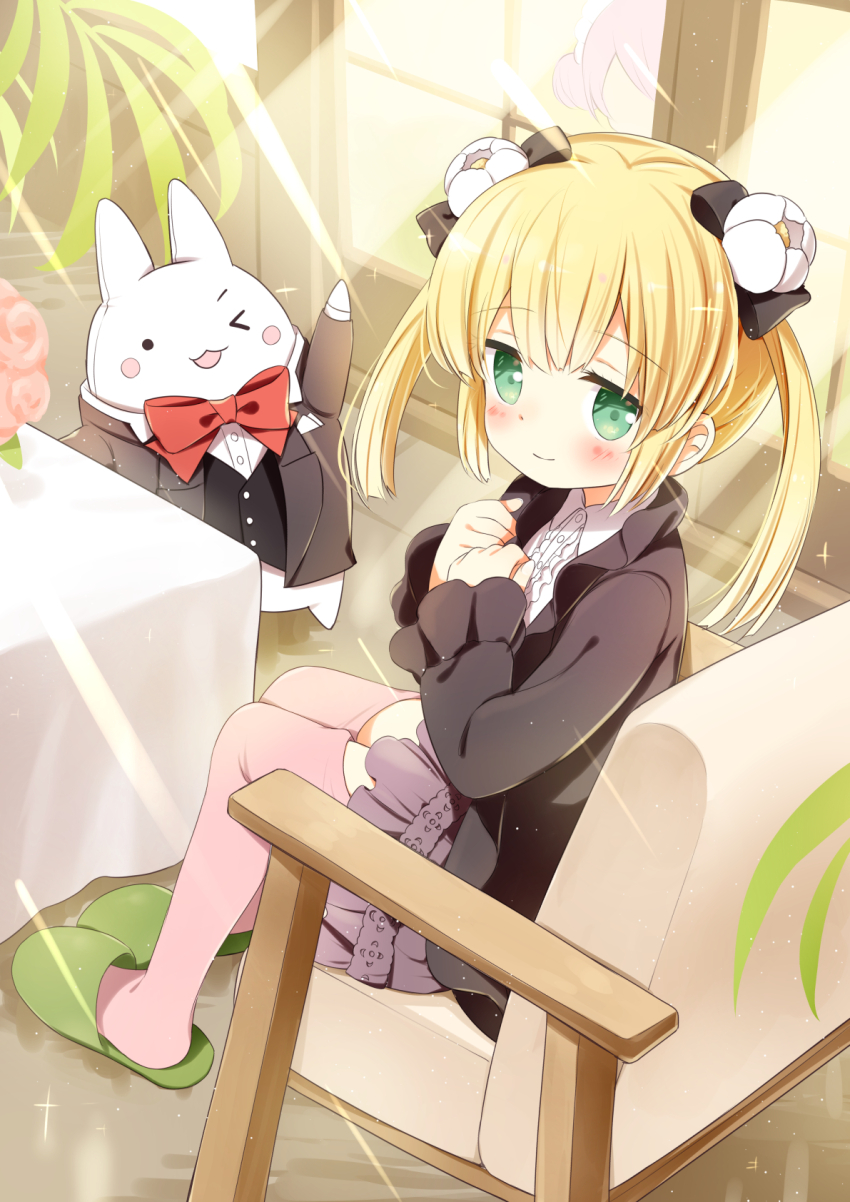 2girls anne_happy blonde_hair blush chair frilled_skirt frilled_sleeves frills green_eyes green_footwear highres ichiyo12 indoors kneehighs leaf light_rays multiple_girls one_eye_closed pink_socks red_ribbon ribbon sayama_tsubaki sayama_tsubaki short_hair sidelocks sitting skirt smile socks table tablecloth timothy_(anne_happy) tuxedo