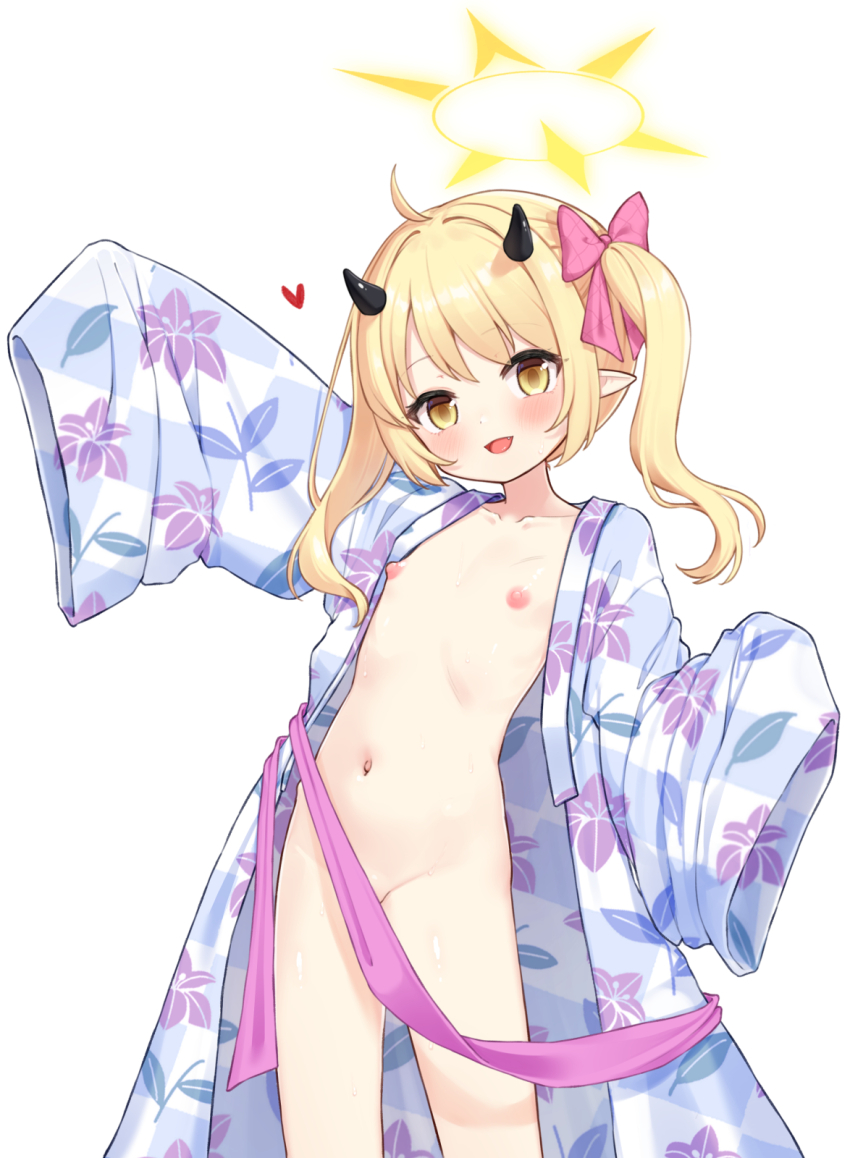 1girl blonde_hair blue_archive blush bow commentary_request flat_chest halo highres horns ibuki_(blue_archive) japanese_clothes kimono loli long_hair navel nipples open_clothes open_mouth partial_commentary pink_bow pointy_ears shokupan_(slvk12) simple_background sleeves_past_fingers sleeves_past_wrists solo white_background yellow_eyes yellow_halo