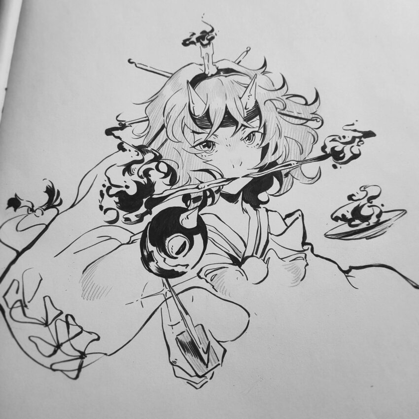 1other androgynous badai burabura candle candle_on_head commentary_request dagger fire graphite_(medium) greyscale hairband headband highres holding holding_dagger holding_knife holding_weapon horns japanese_clothes kimono knife len&#039;en long_sleeves monochrome mouth_hold nib_pen_(medium) other_focus pen_(medium) short_hair simple_background taira_no_chouki traditional_media wavy_hair weapon white_background