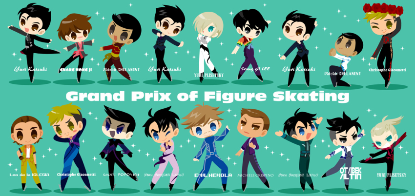 6+boys :&gt; :&lt; :d ;&gt; aqua_background beard black_hair blonde_hair blue_eyes bodysuit brown_eyes brown_hair character_name christophe_giacometti emil_nekola english_text facial_hair flower georgi_popovich green_eyes grey_eyes head_wreath ice_skates it&#039;s_j.j._style! jean-jacques_leroy ji_guang-hong kaorin_minogue katsuki_yuuri lee_seung-gil leo_de_la_iglesia male_focus michele_crispino multiple_boys multiple_persona one_eye_closed open_mouth otabek_altin phichit_chulanont ponytail red_flower red_rose rose skates smile sparkle standing standing_on_one_leg tears yuri!!!_on_ice yuri_plisetsky