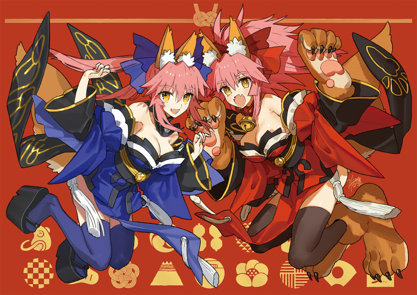 2girls animal_ear_fluff animal_ears animal_feet animal_hands bare_shoulders bell black_legwear blue_bow blue_kimono blue_thighhighs bow breasts cat_paws claws cleavage collar commentary_request detached_sleeves fang fangs fate/extra fate/extra_ccc fate/grand_order fate_(series) folding_fan fox_ears fox_girl fox_tail full_body hair_between_eyes hair_bow hand_fan japanese_clothes jingle_bell jumping kimono knot large_breasts long_hair long_sleeves looking_at_viewer mountain mouse_(animal) multiple_girls neck_bell obi open_mouth pink_hair platform_clogs platform_footwear ponytail red_background red_bow red_kimono rope sash sidelocks signature skin_fang smile split_ponytail symbol tail tamamo_(fate) tamamo_cat_(fate) tamamo_cat_(first_ascension)_(fate) tamamo_no_mae_(fate/extra) thighhighs tongue wada_arco wide_sleeves yellow_eyes zettai_ryouiki