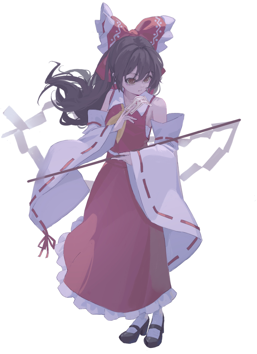 1girl absurdres ascot between_fingers black_shoes bow brown_eyes brown_hair closed_mouth commentary_request detached_sleeves frilled_bow frills full_body gohei hair_bow hakurei_reimu highres holding holding_gohei long_hair mary_janes ofuda ofuda_between_fingers red_bow red_skirt ribbon-trimmed_sleeves ribbon_trim s2535151 shoes simple_background skirt skirt_set socks solo touhou white_background white_socks yellow_ascot