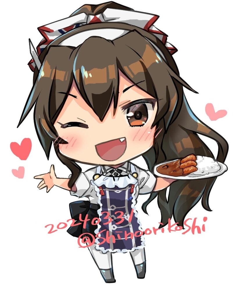 1girl apron ashigara_(kancolle) ashigara_kai_ni_(ichibankuji)_(kancolle) ashigara_kai_ni_(kancolle) brown_eyes brown_hair chibi collared_shirt dated dress_shirt fang frilled_apron frills hairband heart highres kantai_collection katsu_(food) katsu_curry long_hair looking_at_viewer neckerchief one_eye_closed orikoshi_shino pantyhose ponytail print_neckerchief purple_apron shirt sleeves_rolled_up smile solo twitter_username wavy_hair white_background white_hairband white_pantyhose white_shirt