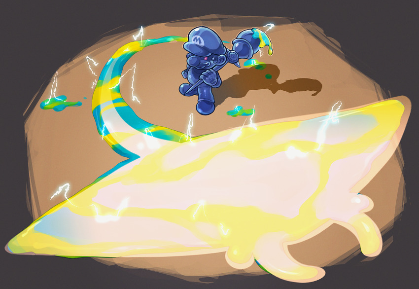 1boy blue_eyes blue_gloves blue_hair blue_hat blue_overalls blue_shirt facial_hair giant_brush gloves glowing glowing_eyes hat holding holding_paintbrush hoshi_(star-name2000) mario_(series) mustache nintendo overalls paintbrush phantamanta sand shadow_mario shirt slime_(substance) solo stingray super_mario_sunshine