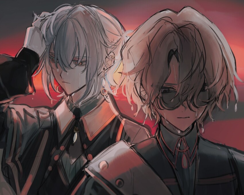 2boys black_eyes brown_hair closed_mouth colored_eyelashes expressionless facing_viewer faust_lavinia glasses grey_hair hand_in_own_hair looking_down looking_to_the_side mahoutsukai_no_yakusoku male_focus mg_omom multiple_boys nero_turner orange_eyes ponytail short_hair short_ponytail wet wet_hair