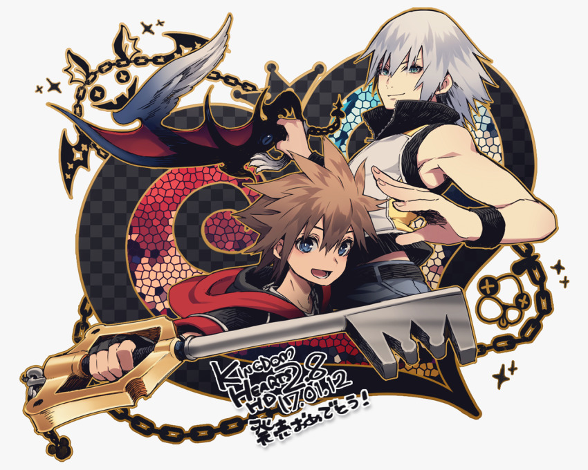 2boys belt black_belt blue_eyes blue_pants brown_hair chain commentary_request copyright_name green_eyes grey_hair heart holding holding_weapon hood hood_down hooded_jacket jacket keyblade kingdom_hearts kingdom_hearts_3d:_dream_drop_distance koumori_bat looking_at_viewer male_focus midriff_peek multiple_boys open_mouth pants riku_(kingdom_hearts) short_hair short_sleeves smile sora_(kingdom_hearts) sparkle spiked_hair tore_(ksg666xxx) translation_request upper_body vest weapon wondernyan_(kingdom_hearts) wristband