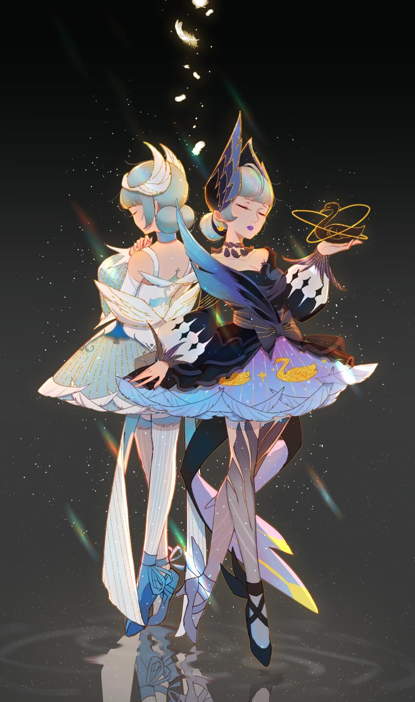 2girls absurdres aqua_hair ballet ballet_dress ballet_slippers bird bird_on_hand black_bow black_dress blue_dress blue_feathers blurry blurry_background bow breasts cleavage closed_eyes double_bun dress dress_bow dual_persona en_pointe feather_dress feathers frog_hair_ornament grey_thighhighs hair_bun hair_ornament hand_up highres long_sleeves medium_breasts multiple_girls puffy_long_sleeves puffy_sleeves purple_lips reflection reflective_water swan swan_print thighhighs tiptoes two-tone_dress wangzhe_rongyao white_dress white_feathers white_thighhighs xiao_qiao_(wangzhe_rongyao) yi_er_san
