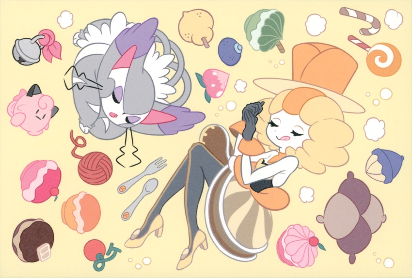 absurdres bare_shoulders battle_chatelaine bell berry_(pokemon) black_gloves black_pantyhose blonde_hair candy candy_cane cat chamooi cheri_berry chesto_berry clefairy closed_eyes colored_skin commentary dress english_commentary eyelashes fang food fork fruit full_body gen_1_pokemon gen_4_pokemon gloves hat high_heels highres lollipop medium_hair multicolored_hair nintendo nita_(pokemon) official_art open_mouth oran_berry orange_hair orange_hat pantyhose pecha_berry pillow poke_puff pokemon pokemon_(creature) pokemon_xy purugly shoes simple_background sitrus_berry sleeping sleeveless sleeveless_dress smile soothe_bell spoon stuffed_toy third-party_source tongue tongue_out top_hat two-tone_hair whiskers white_skin yarn yarn_ball yellow_background yellow_dress yellow_shoes
