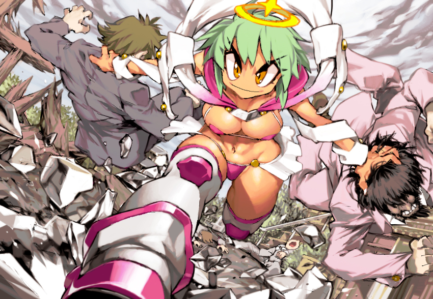 1girl 4boys bikini black_hair breasts brown_hair green_hair large_breasts looking_at_viewer multiple_boys navel original pink_bikini short_hair smile swimsuit yellow_eyes ysk!