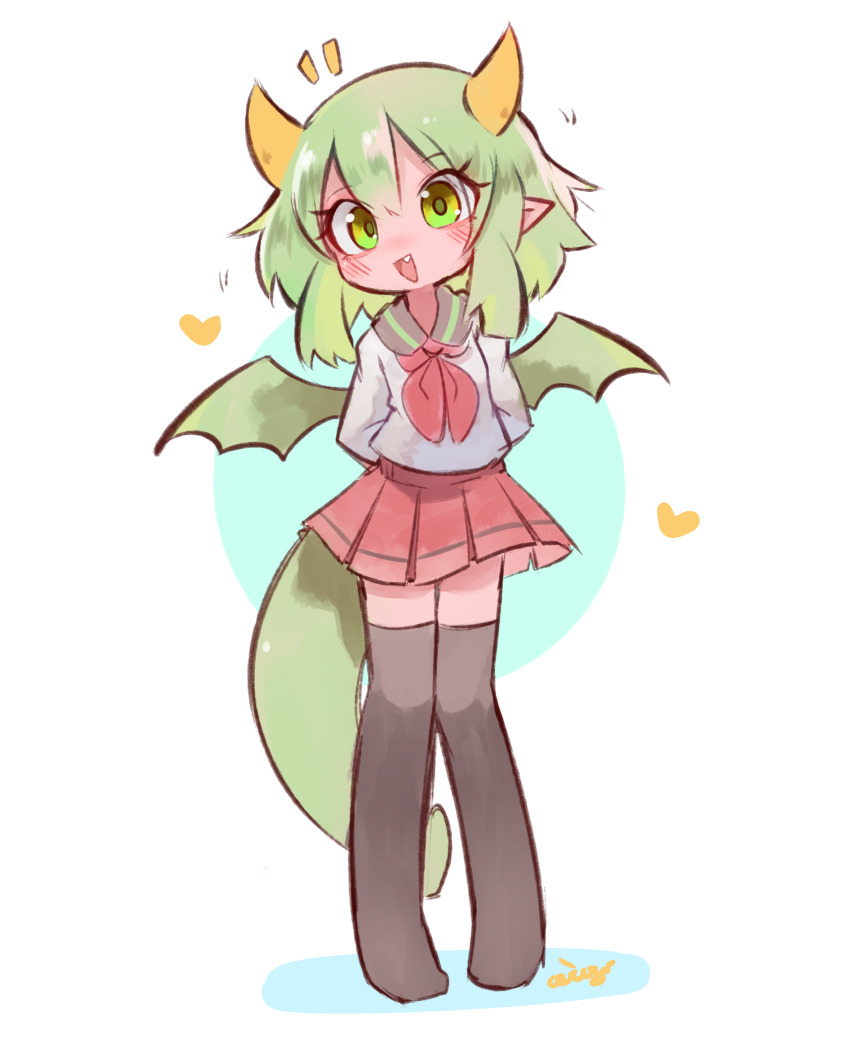 1girl absurdres alternate_costume arms_behind_back black_thighhighs blush ceroro draco_centauros dragon_girl dragon_horns dragon_tail dragon_wings fang full_body green_eyes green_hair heart highres horns long_sleeves looking_at_viewer neckerchief open_mouth over-kneehighs pointy_ears puyopuyo red_neckerchief school_uniform serafuku short_hair smile solo tail thighhighs wings