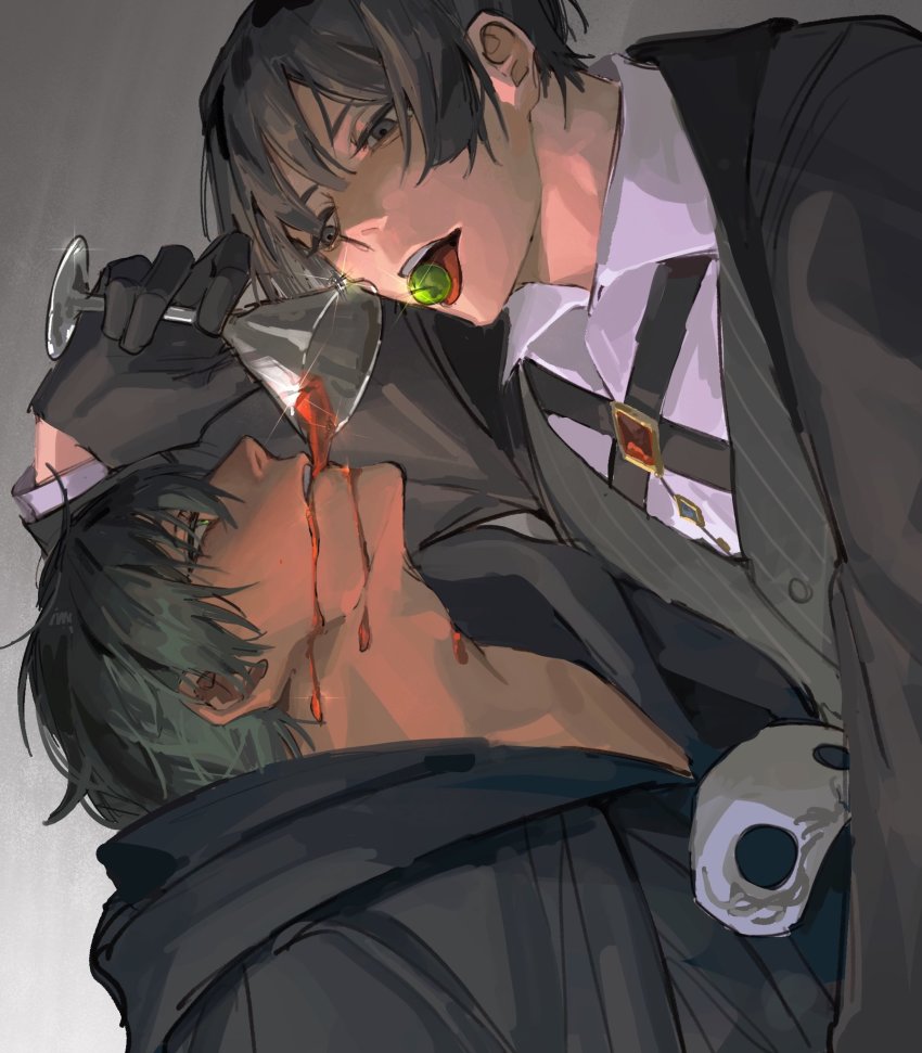 2boys black_eyes black_gloves black_hair black_jacket black_robe brooch cocktail_glass collared_shirt cup drink drinking_glass dripping dual_persona eye_contact fandaniel final_fantasy final_fantasy_xiv formal_clothes from_side gem glint gloves gradient_background green_eyes grey_background gslkey hand_up head_back hermes_(ff14) highres holding holding_cup hood hood_down jacket jewelry long_sleeves looking_at_another looking_up male_focus mask mask_around_neck unworn_mask multiple_boys open_mouth pouring pouring_onto_another red_gemstone robe selfcest shirt short_hair simple_background tongue tongue_hold tongue_out upper_body white_shirt yaoi