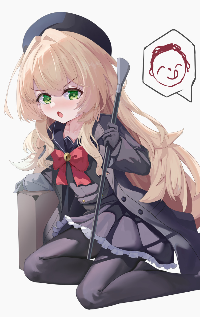 1boy 1girl :o annoyed beret black_coat black_gloves black_hat black_pantyhose black_sailor_collar black_serafuku black_skirt blonde_hair blue_archive blush bow bowtie cane coat crossed_bangs doodle_sensei_(blue_archive) frilled_skirt frills gloves green_eyes hair_between_eyes halo hat highres holding holding_cane kneeling licking_lips long_hair mixian open_clothes open_coat pantyhose professor_niyaniya_(blue_archive) red_bow red_bowtie sailor_collar school_uniform sensei_(blue_archive) serafuku side_ahoge sidelocks skirt suitcase tongue tongue_out v-shaped_eyebrows wavy_hair yellow_halo