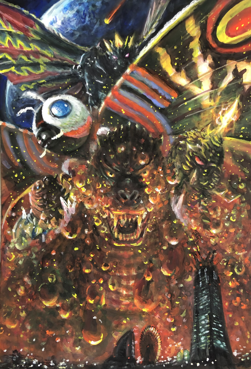 absurdres amusement_park atmospheric_entry battra blue_eyes bubble bug building caterpillar city cloud compound_eyes cosmo_clock_21 dinosaur earth_(planet) egg electricity energy ferris_wheel g.n.a giant giant_monster glowing glowing_eyes glowing_horns godzilla godzilla_(series) godzilla_vs._mothra hatching highres horns insect kaiju meteor monster moth mothra no_pupils ocean orange_electricity orange_eyes planet plasma real_world_location red_eyes sea_monster skyscraper space toho tower tusks wings yellow_electricity yokohama yokohama_cosmo_world yokohama_landmark_tower