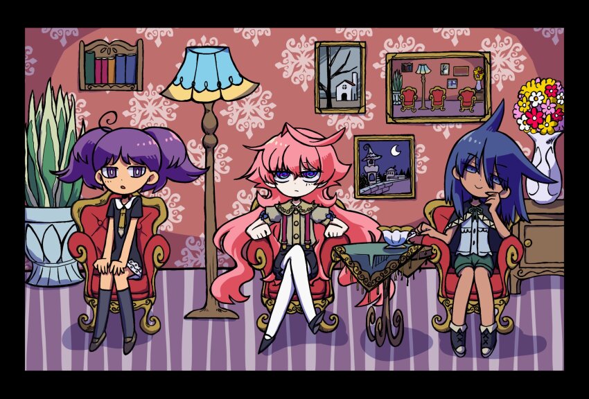 3girls :/ @_@ armchair black_border black_cape black_dress black_socks blue_eyes blue_hair blue_skirt bookshelf boots border brown_shirt cape chair commentary_request crossed_legs cup dark-skinned_female dark_skin dress expressionless floor_lamp green_shorts hair_ears half-closed_eyes hand_on_own_chin hands_on_own_knees head_tilt highres indoors jitome kneehighs lamp lineup long_hair looking_at_viewer mozou_crystal_(style) multicolored_eyes multiple_girls omutamago open_mouth original painting_(object) pale_skin pantyhose pink_hair plant potted_plant puffy_short_sleeves puffy_sleeves purple_eyes purple_hair recursion shirt short_dress short_hair short_sleeves shorts sitting sitting_on_hair skirt smile socks suspenders teacup twintails vase very_long_hair wallpaper_(object) white_pantyhose