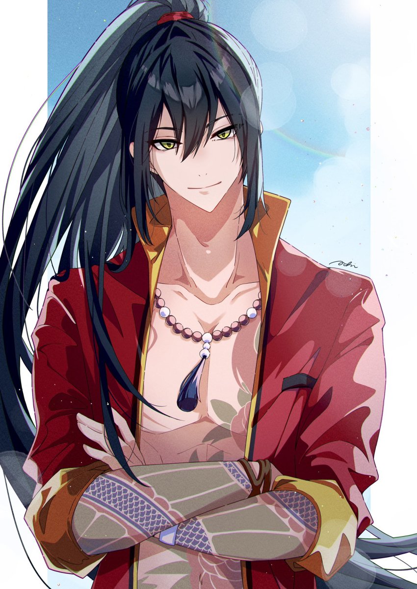 1boy alternate_hairstyle black_hair blurry bokeh chain chain_necklace closed_mouth commentary_request crossed_arms depth_of_field fate/grand_order fate_(series) flower_tattoo full-body_tattoo green_eyes hair_between_eyes hair_ribbon highres jacket jewelry light_particles light_smile long_hair long_sleeves looking_at_viewer male_focus mochiyc necklace official_alternate_costume ponytail rainbow red_jacket red_ribbon ribbon sky smile solo sunlight tattoo toned toned_male topless_male upper_body very_long_hair yan_qing_(fate) yan_qing_(training_wear)_(fate)