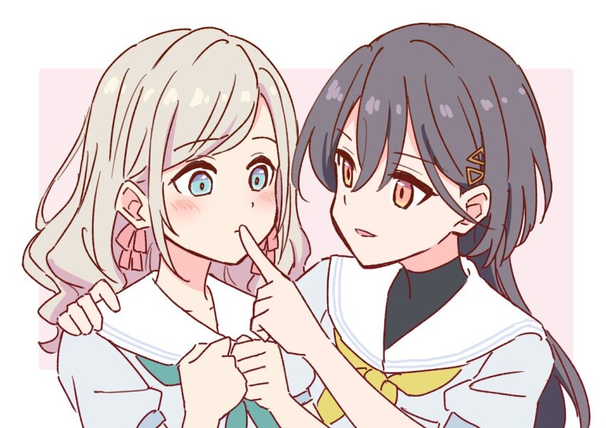 2girls :d aqua_neckerchief black_hair blue_dress blush border breast_pocket ceras_yanagida_lilienfeld closed_mouth commentary_request dress edel_note finger_to_another&#039;s_mouth hair_ornament hair_ribbon hand_on_another&#039;s_shoulder hasu_no_sora_school_uniform katsuragi_izumi link!_like!_love_live! long_hair looking_at_another love_live! multiple_girls neckerchief nogreen open_mouth outside_border pink_background pink_ribbon pocket puffy_short_sleeves puffy_sleeves ribbon sailor_collar sailor_dress school_uniform short_sleeves simple_background smile summer_uniform translation_request triangle_hair_ornament virtual_youtuber white_border white_sailor_collar wolf_cut yellow_neckerchief
