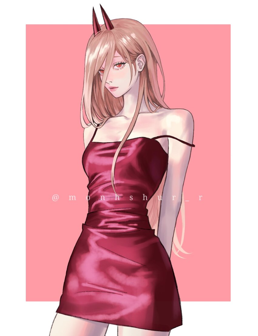 1girl arms_behind_back blonde_hair breasts chainsaw_man commentary cowboy_shot cross-shaped_pupils dress hair_between_eyes hashtag-only_commentary highres horns instagram_username long_hair monhshur_r narrow_waist power_(chainsaw_man) profile red_dress red_eyes red_horns short_dress skinny small_breasts solo strap_slip symbol-shaped_pupils