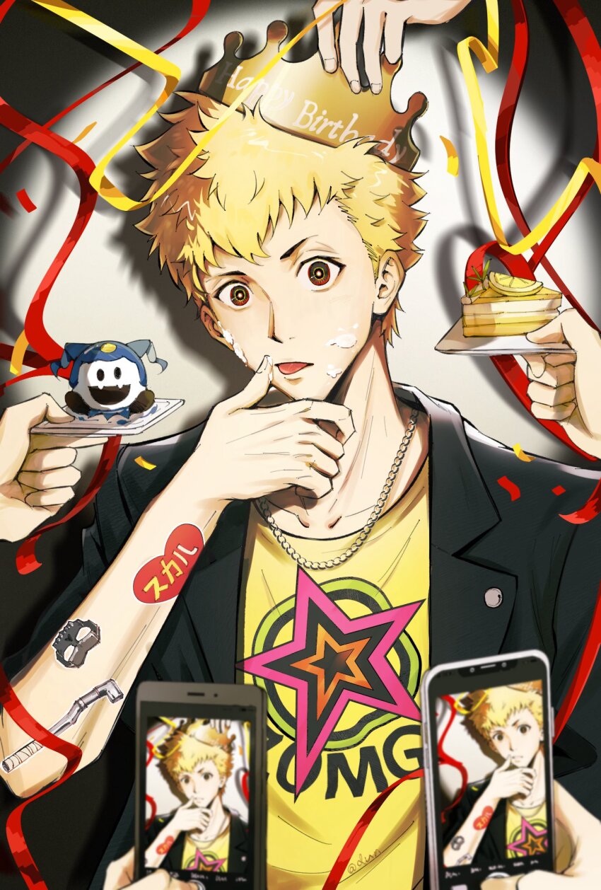 1boy black_jacket blonde_hair cake cellphone collarbone crown food fruit happy_birthday highres holding holding_phone honeydog_cat ice_cream jack_frost_(megami_tensei) jacket lemon looking_at_viewer persona persona_5 phone plate sakamoto_ryuuji shirt short_hair signature solo star_(symbol) tongue upper_body yellow_shirt