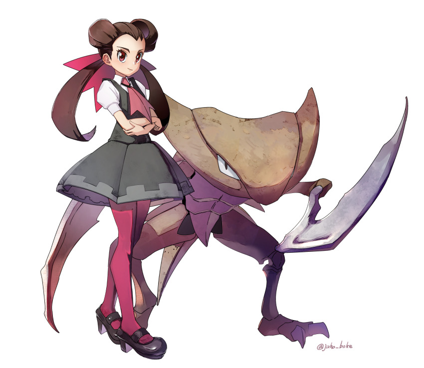 1girl ascot black_footwear blush brown_hair closed_mouth collared_shirt commentary crossed_arms double_bun dress eyelashes gen_1_pokemon grey_dress hair_bun hair_pulled_back hair_ribbon highres jako_(boke_poke) kabutops long_hair looking_at_viewer nintendo pantyhose pinafore_dress pokemon pokemon_(creature) pokemon_oras puffy_short_sleeves puffy_sleeves purple_pantyhose red_eyes ribbon roxanne_(pokemon) shirt shoes short_dress short_sleeves simple_background sleeveless sleeveless_dress smile standing twintails twitter_username white_background white_shirt wing_collar