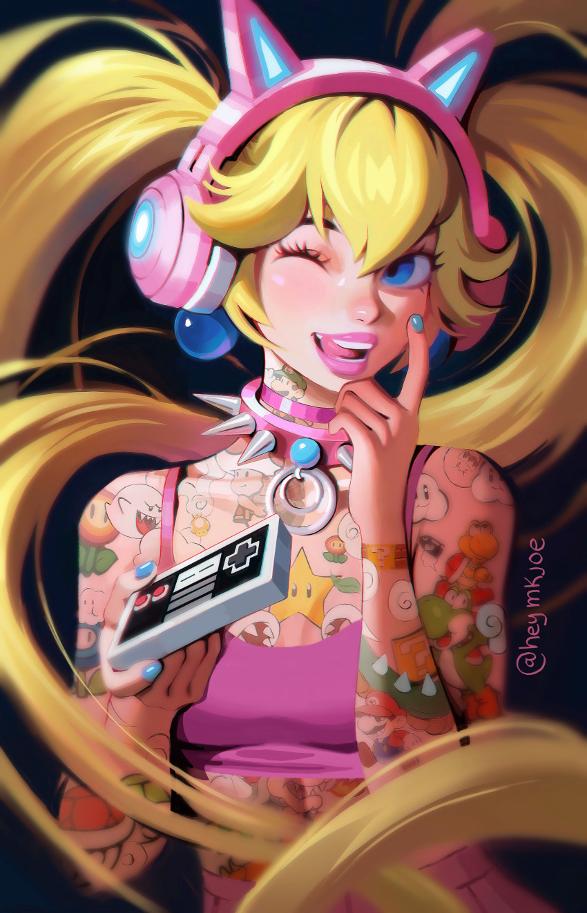 1girl ?_block absurdres alternate_hairstyle animal_ear_headphones animal_ears blonde_hair blue_nails blurry blurry_background boo_(mario) bowser brick_block bullet_bill cat_ear_headphones character_tattoo collar controller depth_of_field fake_animal_ears fire_flower game_console game_controller gamepad golden_mushroom green_shell_(mario) hand_up headphones highres holding holding_controller ice_flower_(mario) index_finger_raised koopa_troopa long_hair looking_at_viewer luigi mario mario_(series) mkchainsaw nail_polish nes nintendo one_eye_closed paper_mario piranha_plant princess_peach red_shell_(mario) smile spiked_collar spikes super_mario_bros._1 super_star_(mario) teeth toad_(mario) tongue tongue_out treasure_chest twintails yoshi