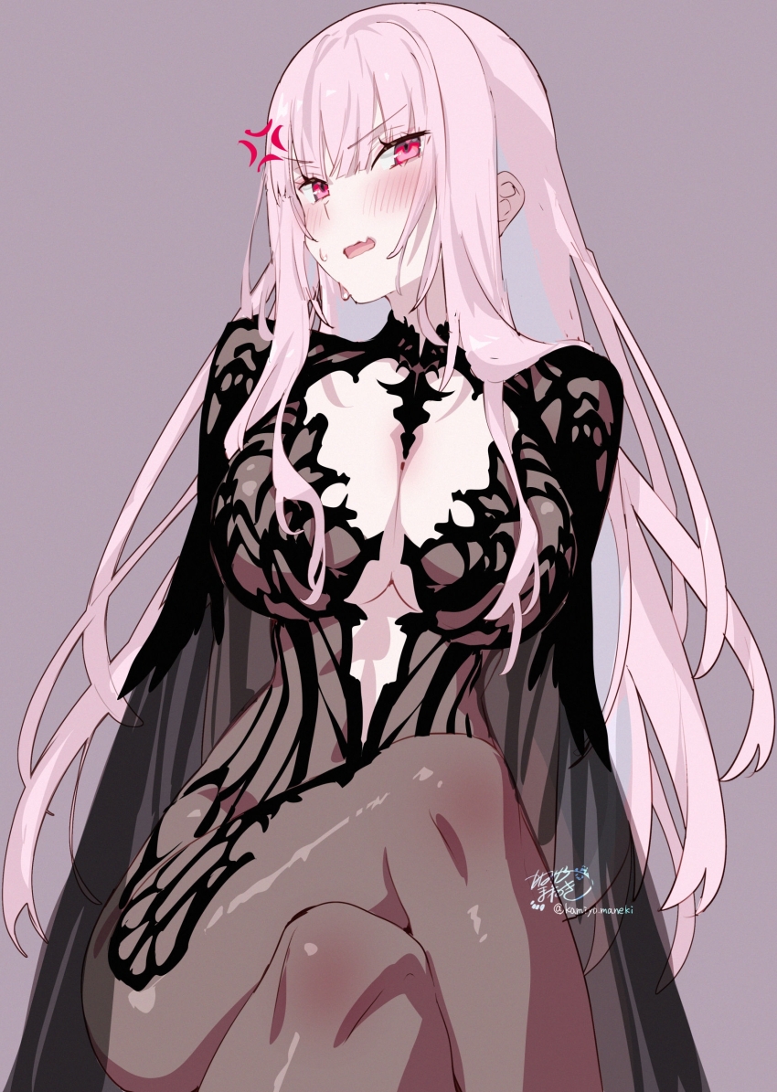 1girl absurdres ai-generated_art_(topic) alternate_costume anger_vein black_cape black_dress blush breasts cape chronopattern_dress commentary crossed_legs dress grey_background highres hololive hololive_english kamiya_maneki large_breasts long_hair meme_attire mori_calliope pink_eyes pink_hair simple_background solo sweat symbol-only_commentary virtual_youtuber