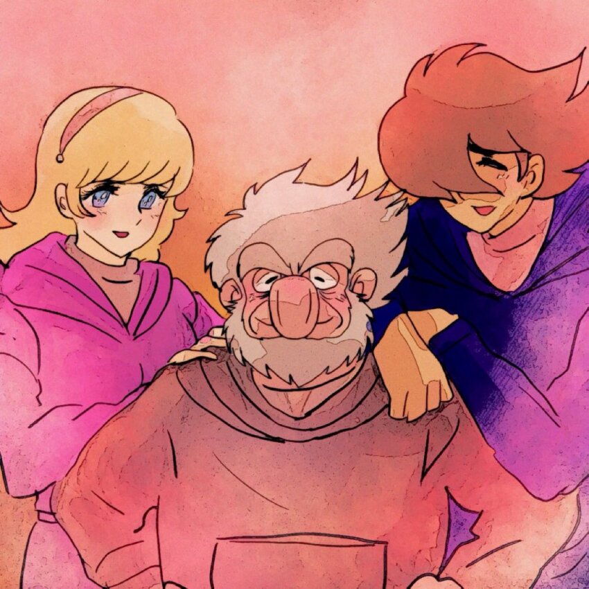 1boy 1girl blonde_hair blue_eyes blush brown_hair closed_eyes cyborg cyborg_009 hair_over_one_eye hairband jacket long_hair looking_at_another open_mouth sariokisu short_hair smile upper_body white_hair