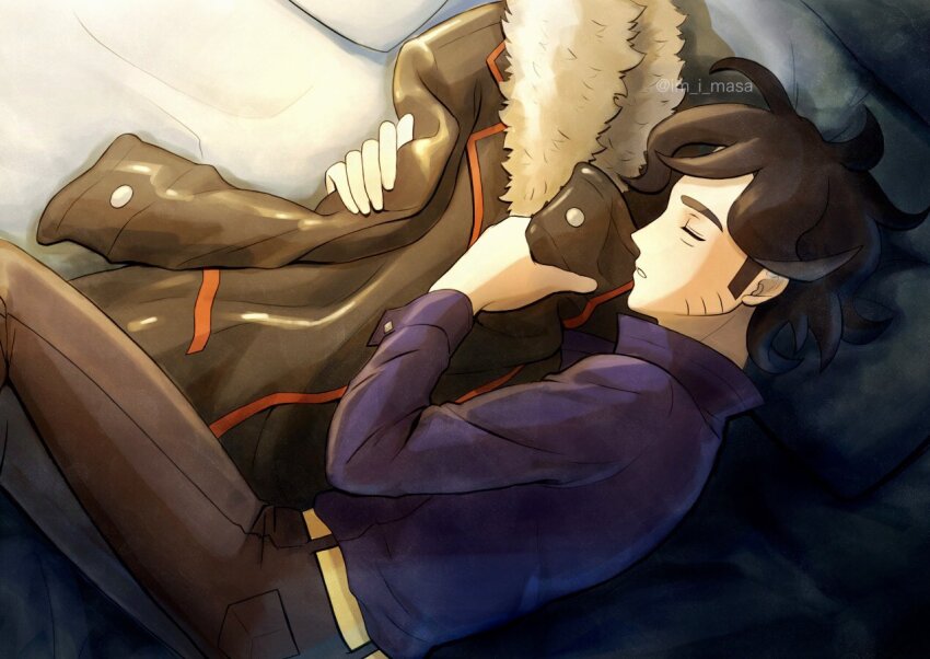 1boy professor_sycamore belt brown_pants closed_eyes commentary_request from_above hands_up holding holding_jacket holding_unworn_clothes im_i_masa jacket long_sleeves lying male_focus nintendo on_side pants parted_lips pokemon pokemon_xy purple_shirt shirt short_hair sleeping solo twitter_username unworn_jacket yellow_belt