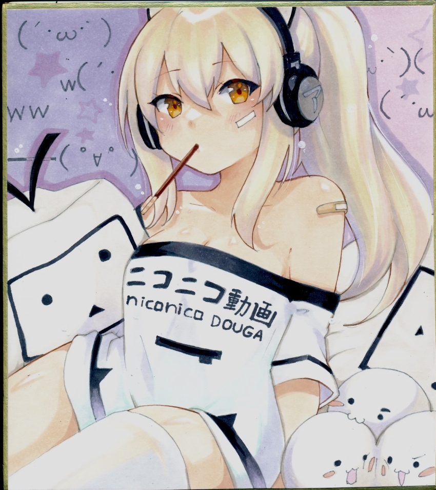 1girl :3 ayanami_(azur_lane) ayanami_(niconico)_(azur_lane) azur_lane bandaid bandaid_on_shoulder blonde_hair blush breasts cleavage clothes_writing commentary_request cowboy_shot danmaku_comments expressionless food food_in_mouth hair_between_eyes headphones highres long_bangs long_hair looking_at_viewer niconico off-shoulder_shirt off_shoulder open_mouth orange_eyes pocky pocky_in_mouth shikishi shirt solo terebi-chan thighhighs user_xdhg7247 white_shirt white_thighhighs