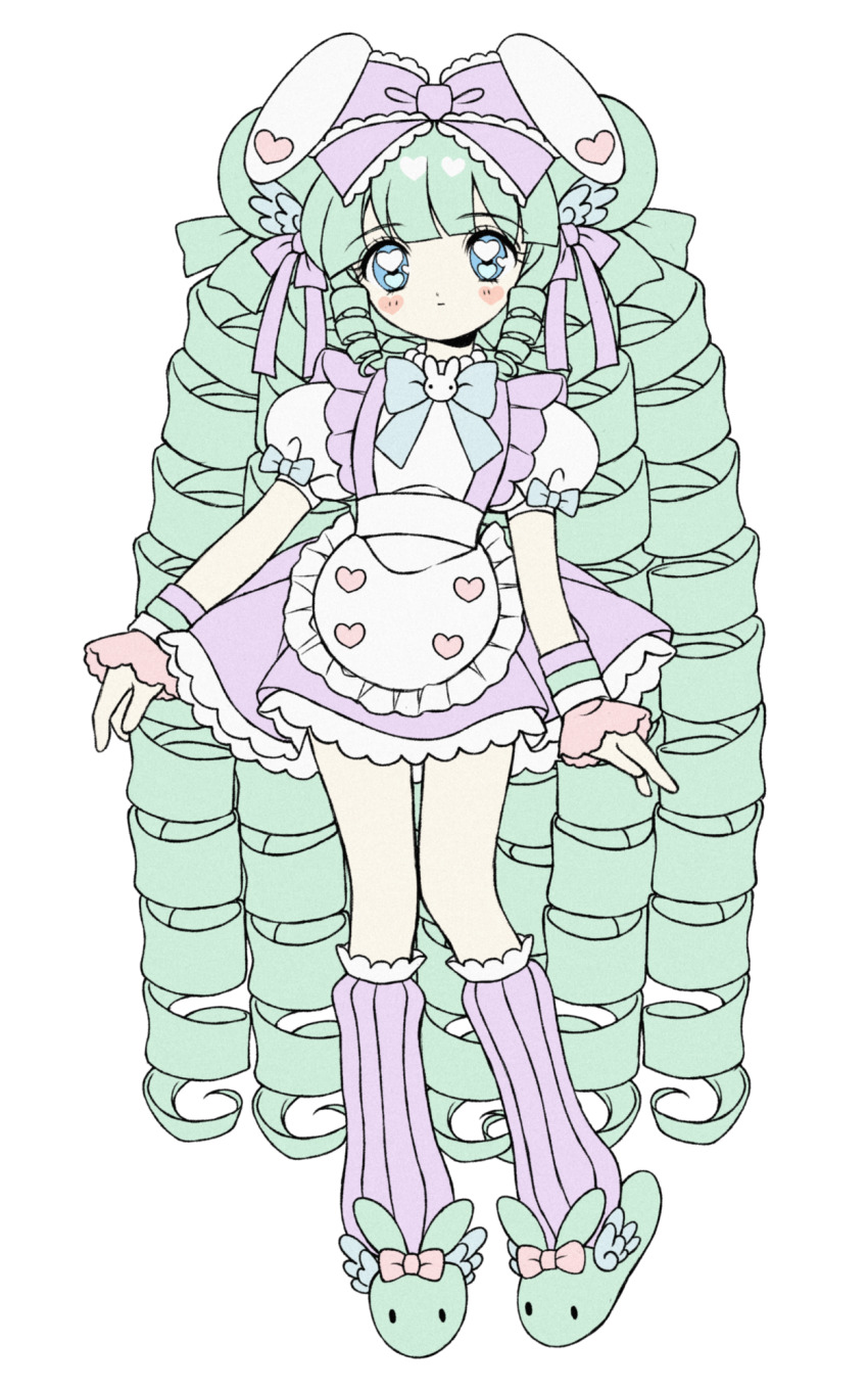 1girl animal_ears animal_slippers apron arms_at_sides blunt_bangs borrowed_character bow bunny_slippers closed_mouth commission dot_mouth dot_nose double-parted_bangs drill_hair droopy_ears expressionless flat_color footwear_bow frilled_apron frilled_bow frilled_straps frilled_wristband frills full_body green_hair green_slippers hair_bow hair_ornament heart heart_in_eye heartpuff highres leg_warmers light_blush long_hair original pastel_colors puffy_short_sleeves puffy_sleeves purple_bow purple_leg_warmers purple_skirt quin_tails rabbit_ears second-party_source shirt short_sleeves sidelocks skirt sleeve_bow slippers solo symbol_in_eye very_long_hair waist_apron white_apron white_shirt wing_hair_ornament winged_footwear wristband yume_kawaii