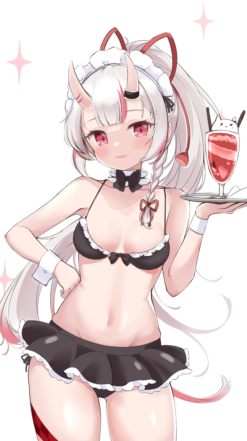 1girl absurdres apron bikini black_bow black_bowtie bow bowtie braid breasts choker cleavage cocozasa commentary_request drink fang frills gradient_hair hair_bow hair_ribbon hand_on_own_hip highres holding hololive horns long_hair maid maid_apron maid_bikini multicolored_hair nakiri_ayame navel oni poyoyo_(nakiri_ayame) red_eyes red_hair red_ribbon ribbon sidelocks simple_background skin-covered_horns small_breasts streaked_hair swimsuit unconventional_maid virtual_youtuber white_background white_hair wrist_cuffs