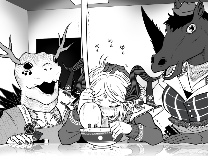 3girls alternate_costume animal_head antlers bandana black_fur blank_room_soup bowl bullet closed_eyes cowboy cowboy_hat cowboy_western crying earrings eating eye_print food forehead_tattoo hat holding holding_spork horn_ornament horn_ribbon horns horse horse_head humanization jacket jewelry kicchou_yachie kicchou_yachie_(jidiao) kurokoma_saki kurokoma_saki_(pegasus) long_sleeves monochrome multiple_girls no_eyes noodles open_clothes open_jacket oversized_object patterned_clothing pegasus_wings petting plaid_clothes plaid_vest pointy_ears pointy_hair ramen ribbon ring ryuuichi_(f_dragon) sheep_horns shirt short_hair spiked_shell spork tattoo teeth touhou toutetsu_yuuma utensil vest western white_hair wings