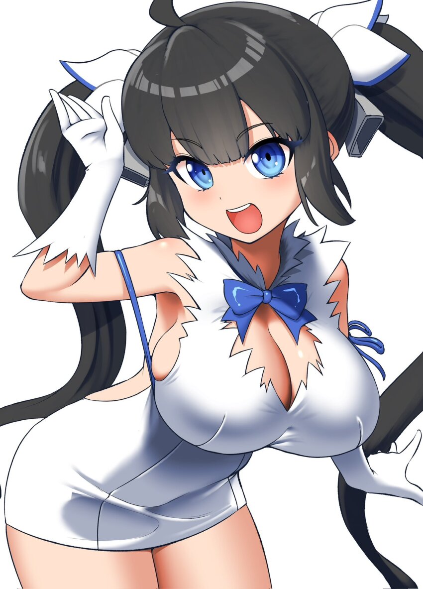 1girl :d arm_up bell black_hair blue_bow blue_bowtie blue_eyes blue_ribbon bow bowtie breasts cleavage cleavage_cutout clothing_cutout commentary cowboy_shot dress dungeon_ni_deai_wo_motomeru_no_wa_machigatteiru_darou_ka elbow_gloves gloves hair_bell hair_ornament hair_ribbon hestia_(danmachi) highres large_breasts leaning_forward long_hair looking_at_viewer open_mouth pencil_dress pero_(pero7762) rei_no_himo ribbon simple_background sleeveless sleeveless_dress smile solo teeth twintails upper_teeth_only very_long_hair white_background white_dress white_gloves