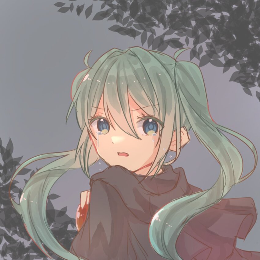 1girl angry apple aqua_eyes aquamarinu black_cape black_coat cape cloak coat crying crying_with_eyes_open eve_moonlit evillious_nendaiki foliage food frown fruit green_hair grey_background hatsune_miku highres holding holding_food holding_fruit hood hooded_cape hooded_cloak leaf long_hair looking_at_viewer looking_back moonlit_bear_(vocaloid) open_mouth apple solo streaming_tears tears turning_head twintails v-shaped_eyebrows vocaloid
