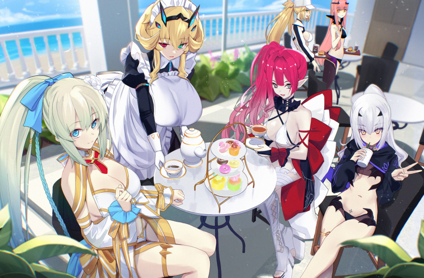 6+girls apron artoria_caster_(fate) artoria_caster_(swimsuit)_(fate) artoria_caster_(swimsuit)_(first_ascension)_(fate) artoria_caster_(swimsuit_berserker)_(fate) artoria_caster_(swimsuit_berserker)_(first_ascension)_(fate) artoria_pendragon_(fate) baobhan_sith_(fate) baobhan_sith_(swimsuit_pretender)_(third_ascension)_(fate) bare_shoulders barghest_(fate) barghest_(swimsuit_archer)_(second_ascension)_(fate) baseball_cap bikini black_bikini black_dress black_jacket blonde_hair blue_eyes blue_hair blush braid breasts bridal_gauntlets chair circlet cleavage cnoc_na_riabh_(fate) cnoc_na_riabh_(swimsuit_foreigner)_(fate) collared_dress cropped_jacket cup cupcake detached_collar detached_sleeves donut dress fate/grand_order fate_(series) flower food forked_eyebrows gloves gold_trim green_eyes grey_eyes hair_flower hair_ornament hair_ribbon hat heterochromia high_ponytail highres horns huge_breasts jacket jewelry large_breasts leggings long_hair long_skirt long_sleeves looking_at_viewer maid maid_headdress medb_(fate) medium_breasts medium_hair melusine_(fate) melusine_(swimsuit_ruler)_(fate) melusine_(swimsuit_ruler)_(first_ascension)_(fate) morgan_le_fay_(fate) morgan_le_fay_(water_princess)_(fate) multiple_girls navel pink_hair pointy_ears ponytail pubic_tattoo puffy_long_sleeves puffy_sleeves red_eyes ribbon saucer shrug_(clothing) side_ponytail sidelocks sitting skirt small_breasts swimsuit table tattoo tea teacup thighhighs thighlet thighs tiered_tray twin_braids twintails untue very_long_hair white_apron white_bikini white_gloves white_hair white_hat white_jacket white_skirt white_thighhighs yellow_eyes