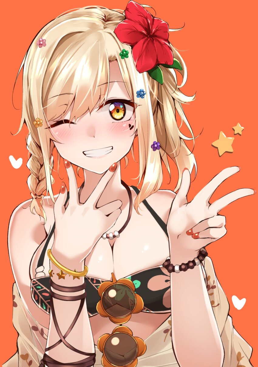 1girl birthday blonde_hair blush bracelet braid breasts cleavage commentary eyewear_hang flower fluegel_(gumi710) hair_flower hair_ornament heart heart_tattoo highres jewelry large_breasts looking_at_viewer love_live! love_live!_nijigasaki_high_school_idol_club medium_hair miyashita_ai necklace one_eye_closed orange_nails side_braid sidelocks smile solo star_(symbol) sunglasses swimsuit tattoo unworn_eyewear upper_body
