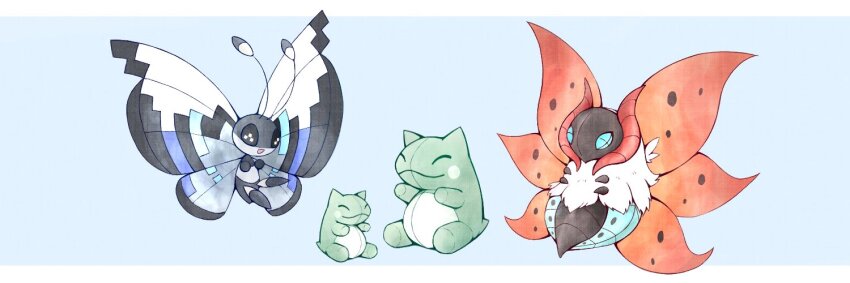 :d antennae blue_eyes border bug butterfly cross-shaped_pupils doll fireblast gen_5_pokemon gen_6_pokemon insect letterboxed moth multiple_wings nintendo no_humans open_mouth outside_border pokemon pokemon_(creature) smile substitute_(pokemon) symbol-shaped_pupils vivillon vivillon_(sandstorm) volcarona white_border white_fur wings