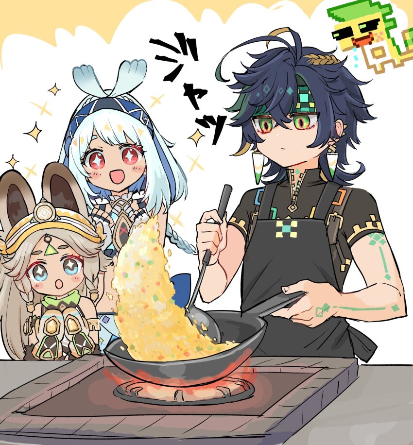 +_+ 1boy 2girls :o ajaw_(genshin_impact) apron arm_tattoo black_apron black_hair blue_eyes blue_hairband body_markings braided_sidelocks brown_hair brown_mittens chinchilla_ears chinchilla_girl cooking expressionless fish-shaped_pupils food fried_rice genshin_impact green_eyes green_headband hairband headband highres himeko_(nico6v6pachi) kachina_(genshin_impact) kinich_(genshin_impact) ladle mittens mualani_(genshin_impact) multiple_girls open_mouth red_eyes smile sparkle tattoo wok