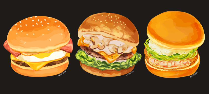 artist_name black_background bread_bun burger cheese fast_food food food_focus highres lettuce meat no_humans original rizu_(rizunm) simple_background twitter_username